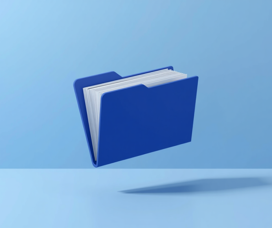 Ilustração 3D de uma pasta azul com documentos flutuando sobre fundo azul claro, representando a organização de documentos de clientes